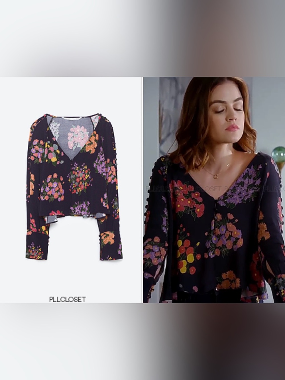 Zara Navy Floral Blouse with Button-Trim Sleeves